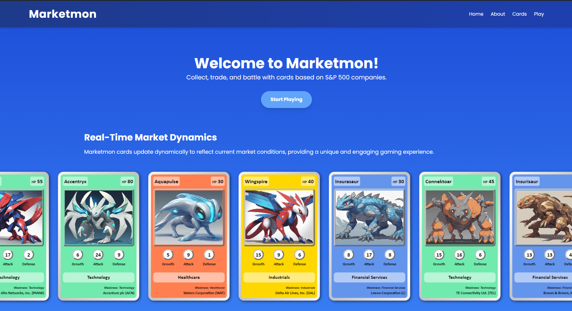 Trading card game interface with financial data-based monsters